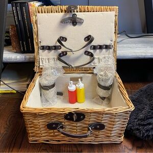 Handwoven Willow Wicker Classic Picnic Basket Set for 2  “PICNIC TIME” Lined